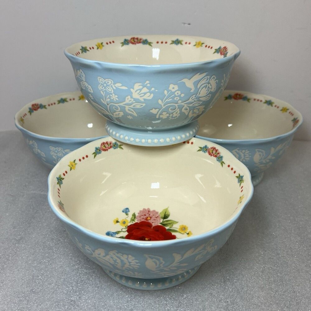 Lot of 4 Pioneer Woman Sweet Rose Bowls 6” Footed Base Soup Salad Multicolor NEW